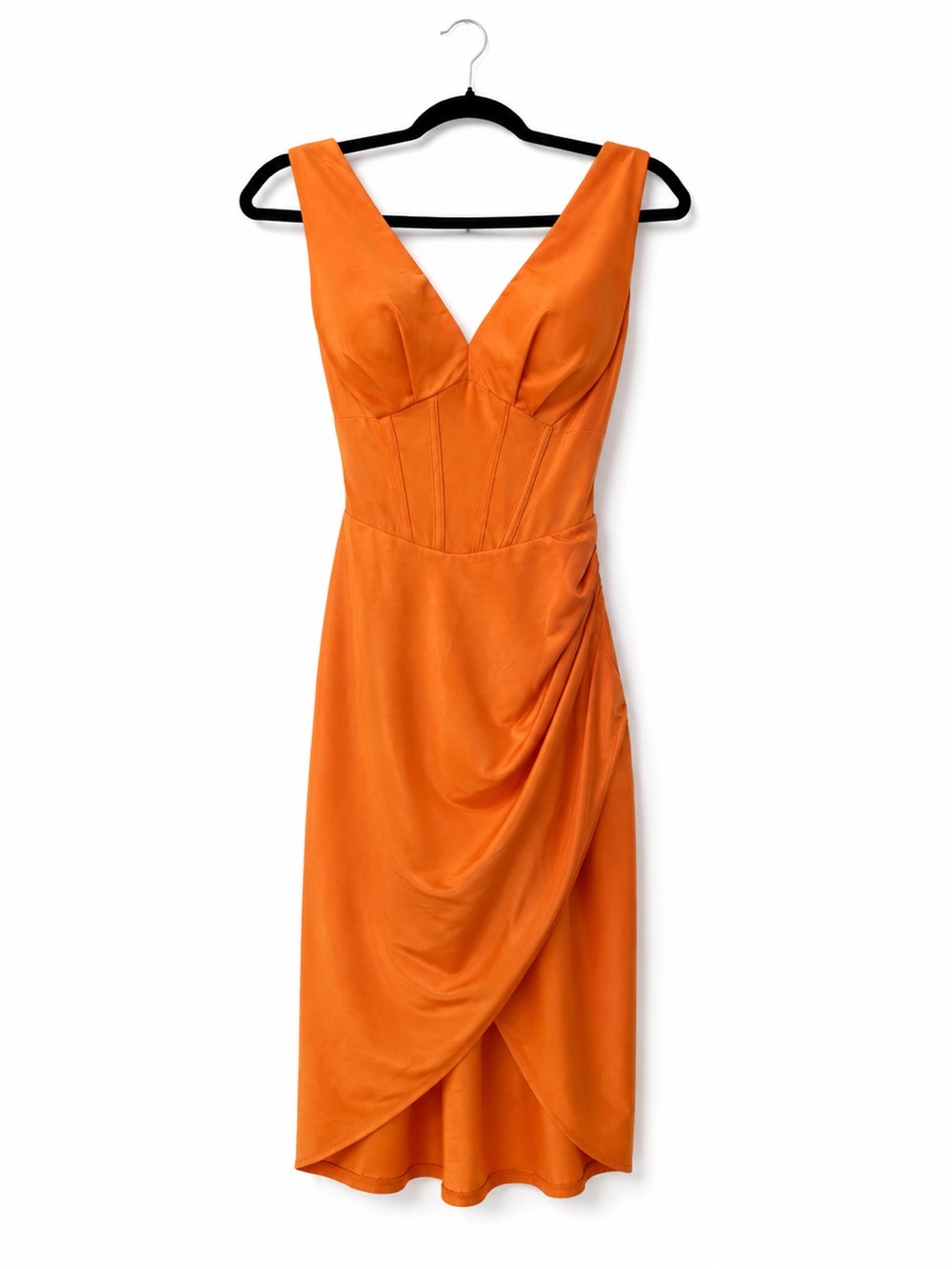 Sleeveless Orange V-Neck Draped Midi Dress
